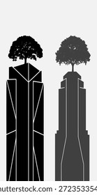 Dos rascacielos con árboles en la parte superior, ilustración gráfica simple