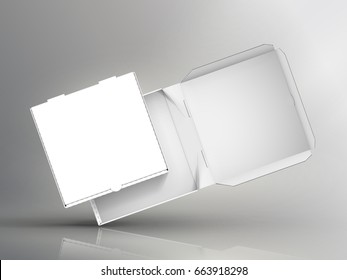 two slanting blank white pizza boxes 3d illustration, one open, side view isolated bicolor background