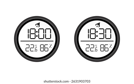 Two sleek black digital weather clocks displaying different times, temperature, and humidity readings against a clean white backdrop for modern indoor climate monitoring