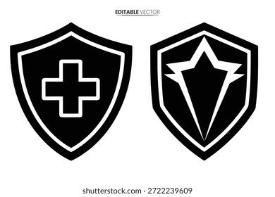 Dos elegantes iconos de escudo negro con símbolos contrastantes, que representan conceptos de protección y seguridad.