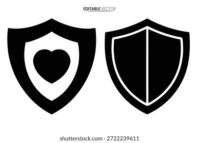 Zwei elegante, schwarze Schild-Symbole symbolisieren Schutz, Liebe und Sicherheit in einem minimalistischen Stil.