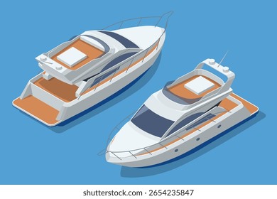 Dois iates Isométricos modernos e elegantes flutuam graciosamente em uma superfície azul calma, mostrando luxo e lazer em mar aberto. Viagem, luxo, transporte marítimo ou férias de verão