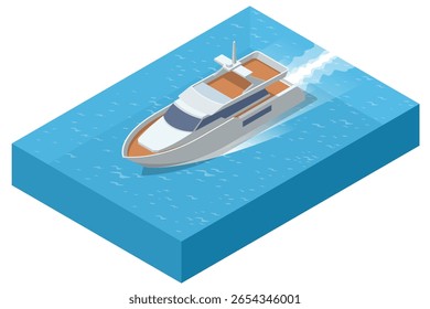 Two sleek, modern Isometric yachts gracefully float on a calm blue surface, showcasing luxury and leisure on the open water. Travel, luxury, marine transport, or summer vacation.