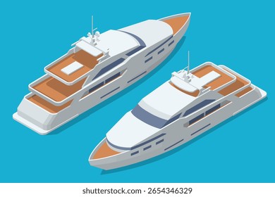 Dois iates Isométricos modernos e elegantes flutuam graciosamente em uma superfície azul calma, mostrando luxo e lazer em mar aberto. Viagem, luxo, transporte marítimo ou férias de verão.