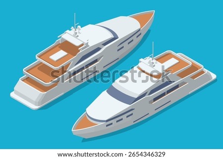 Two sleek, modern Isometric yachts gracefully float on a calm blue surface, showcasing luxury and leisure on the open water. Travel, luxury, marine transport, or summer vacation.