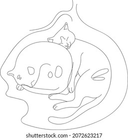 Two sleeping cats. Continuous line drawing. Hugging cats. Cat silhouette logo. Vector illustration on white background.