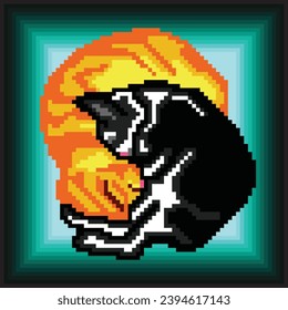 two sleeping cats hugging each other pixel art