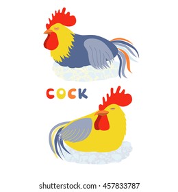 Two Sleeping Roosters. Cock in flat style. Rooster symbol of Chinese New Year. Bright cockerel on a white background. Vector illustration Cartoon style.