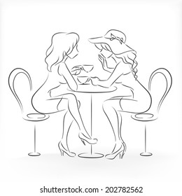Two slender beautiful graceful young ladies sit in cafe, whisper and drink coffee. Vector monochrome drawing drawn by lines