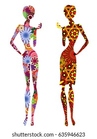 Two slender stylized young models in ornate motley multicolour long ethnic clothes, vector stencils isolated on the white background 