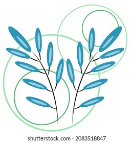 two slender twigs with blue leaves and circles on the background