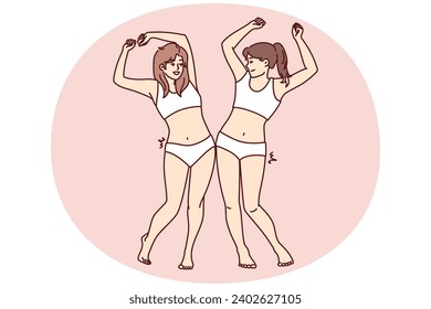 Two slender women in swimsuits bumping hips rejoice at result of losing weight after diet. Positive girls in underwear raise their hands up rejoice at upcoming trip to beach or pool. Flat vector image