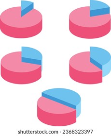 Two Sliced 3D Pie Chart Showing Various Percentages Ranging from 10 and 90, 20 and 80, 30 and 70, 40 and 60, 50 and 50 Percent