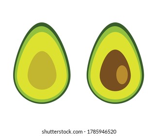 Two slices of avocado isolated on the white background. One slice with core. Design element for product label.