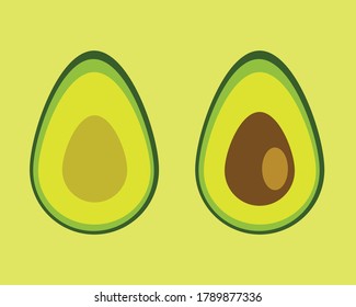 Two slices of avocado isolated on the white background. One slice with core. Design element for product label.