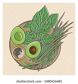 Two slices of avocado lie on a tray. Nearby are basil and tarragon leaves, spices. Vector illustration in vintage style.