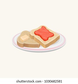 Two slices of bread with butter and strawberry jam on plate. Sweet and delicious breakfast. Tasty toasts. Food concept. Cartoon flat vector illustration