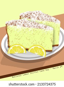 Two slices of chiffon cake topped with powdered sugar and two slices of lemon served on a white plate, National Lemon Chiffon Cake Day March 29