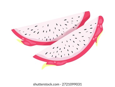 Duas fatias de fruta de dragão, pitaya ou pitahaya. Fragmentos tropicais, exóticos e suculentos. Ilustração vetorial em um fundo branco.