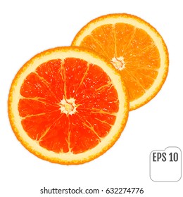 Two slices of fresh juicy oranges on white background.  Red and orange slices of fresh juicy oranges. Vector
