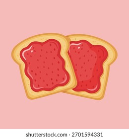 Two slices of golden-brown toast are generously covered with vibrant red jam, featuring small fruit specks, against a soft pink background. This illustration depicts a classic breakfast item.