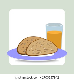 Two slices of grain bread with sesame seeds on blue plate and a glass of orange juice. Breakfast illustration