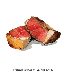 Two slices of grilled beef steak medium rare