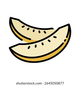 Duas fatias de melão com sementes. Ilustração de vetor plano com contorno preto. Fruta de verão fresca e conceito de comida saudável para design e impressão