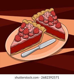 Two slices of pie topped with strawberries and cream are served on an oval plate with a cake knife. Perfect for celebrating National Strawberry Cream Pie Day on September 28th.