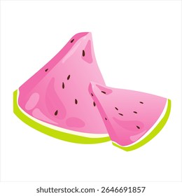 Duas fatias de melancia rosa com casca verde e sementes pretas. A fruta é fresca e suculenta, ideal para lanches de verão ou para uma alimentação saudável.