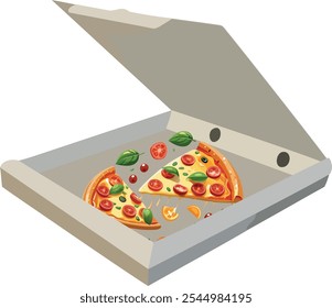 Duas fatias de pizza com mozarela, tomates, manjericão e azeitonas estão caindo em uma caixa de papelão