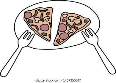 Two slices of pizza on the plate with forks. Slices of pizza with meat topping on the plate. Meaty pizza on a dish isolated on white background. Vector illustration with hand-drawn style.