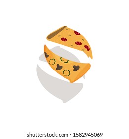 Two slices of pizza. Slice of pizza with mushrooms and pepper and salami. Roundabout Circulation. Vector. Decor element. Icon