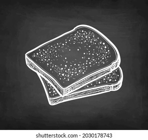 Two slices of toasted bread. Chalk sketch on blackboard background. Hand drawn vector illustration. Vintage style stroke drawing.