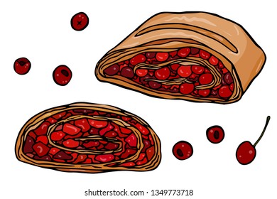 Two slices Viennese cherry strudel isolated on white background