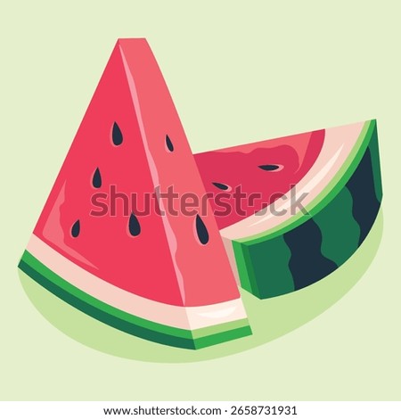 Two slices of watermelon, one upright and one slightly behind, showing the red flesh, black seeds, green rind, and white inner rind.