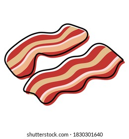 Two slices of wavy bacon on white background. Cartoony bacon strips roasted. Simplified, outline color filled vector illustration, isolated