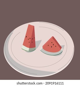 Two slices of white, tasty watermelon on a light plate. Vector flat brown background.