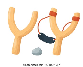 Two slingshots with stone. Illustration isolated on white background.