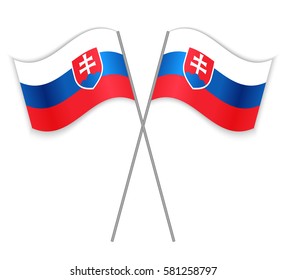 Two Slovak crossed flags. Combined Slovakia isolated on white. Language learning, international business or travel concept.