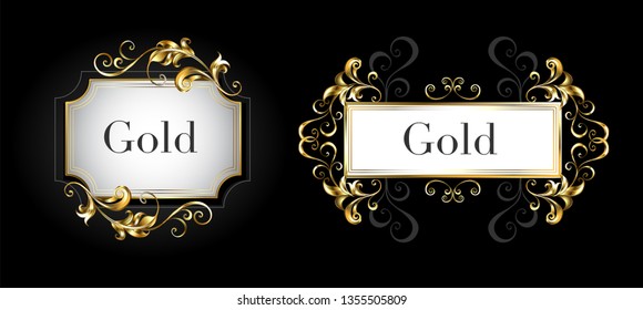 Two small antique banners with gold, patterned, glittery jewelry frames on black background.