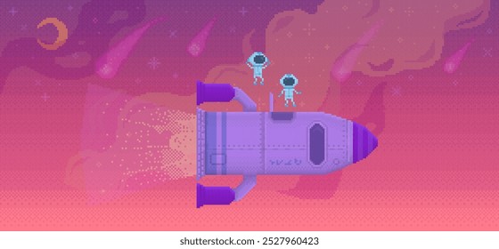 Two small astronauts stand on top of a purple rocket flying through a pink-toned outer space filled with stars, comets, and nebulous clouds. Ideal for space exploration, adventure, childrens books