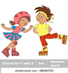 Two small baby boy and girl skating on roller skates. Summer outdoor games for children. Kids summer sport.