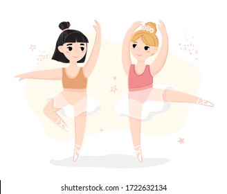 Two small ballerinas in dance poses and Pointe shoes on a white background. Banner for ballet schools and choreography classes. Decorative cute cartoon poster for children's room. Vector illustration.