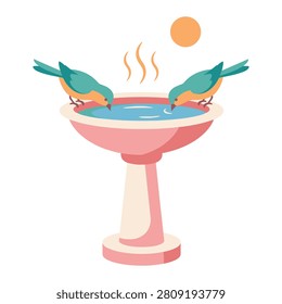 Two small birds drinking water from a pink pedestal fountain under a bright sun icon with blue