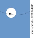 Two small birds perch on a wire against a soft blue sky. They gaze toward a glowing white circle. The birds appear calm and connected. This image evokes serenity and quiet companionship