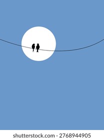 Two small birds perch on a wire against a soft blue sky. They gaze toward a glowing white circle. The birds appear calm and connected. This image evokes serenity and quiet companionship