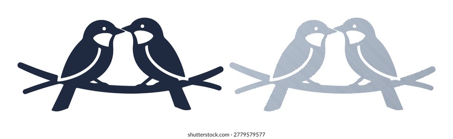 Two small birds perched on tree twig, nature wildlife illustration, animal love concept art.