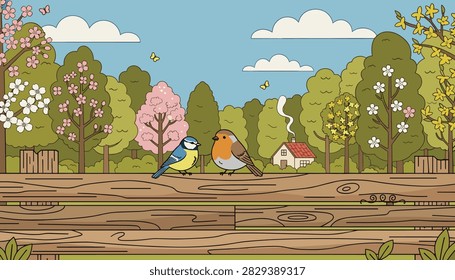 Two small birds perched together on a wooden garden fence in front of a forest scene with a distant cozy house and blooming spring trees.