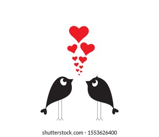 Two small birds silhouettes with hearts illustration, vector, wall decals, wall artwork, wall decoration. Minimalist poster design isolated on white background